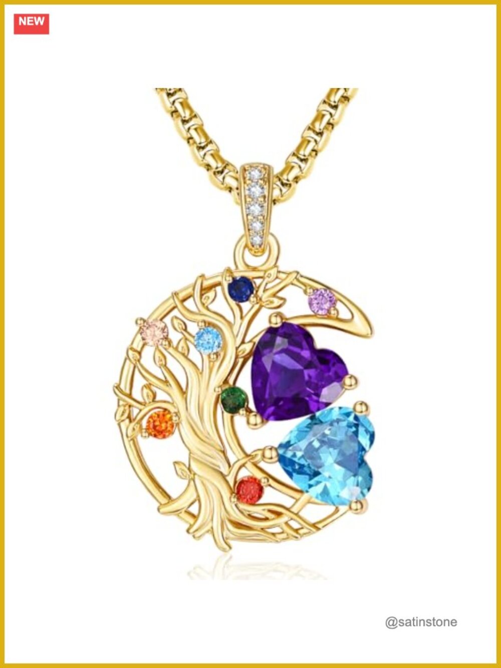 14K Gold Plated 7 Chakra Tree of Life Necklace Double Birthstone Pendant